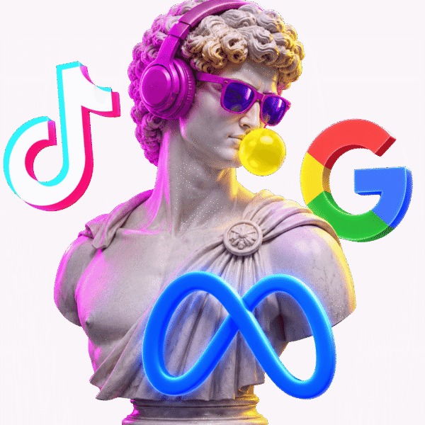 Statua sa metom i ikonama Google i TikTok oglasa — plaćeno oglašavanje