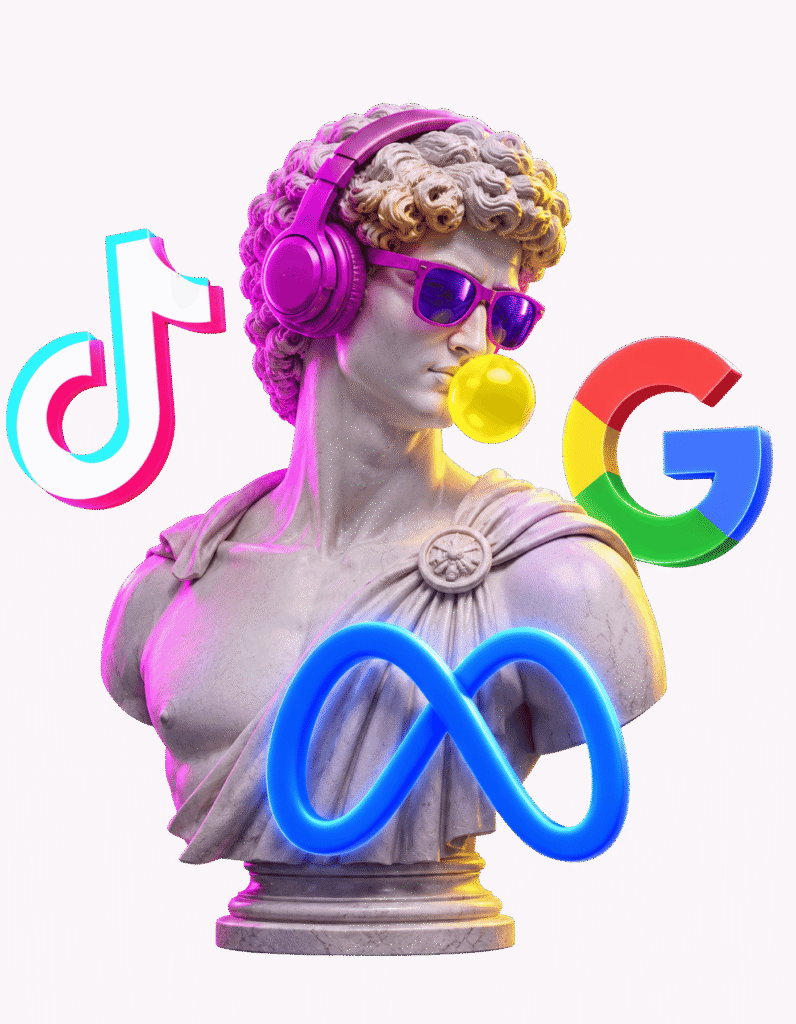 Statua sa metom i ikonama Google i TikTok oglasa — plaćeno oglašavanje